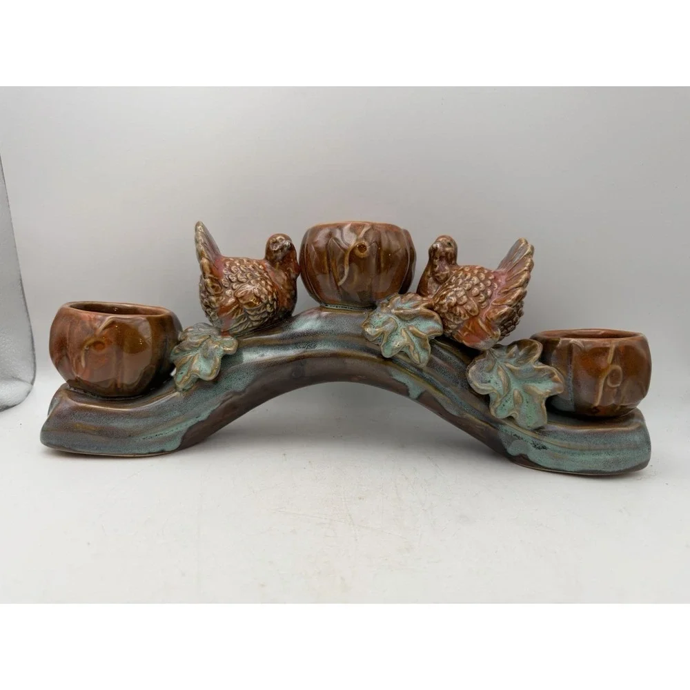 Vintage Ceramic Turkey 3 Light Candle Holder Thanksgiving Pumpkin Centerpiece